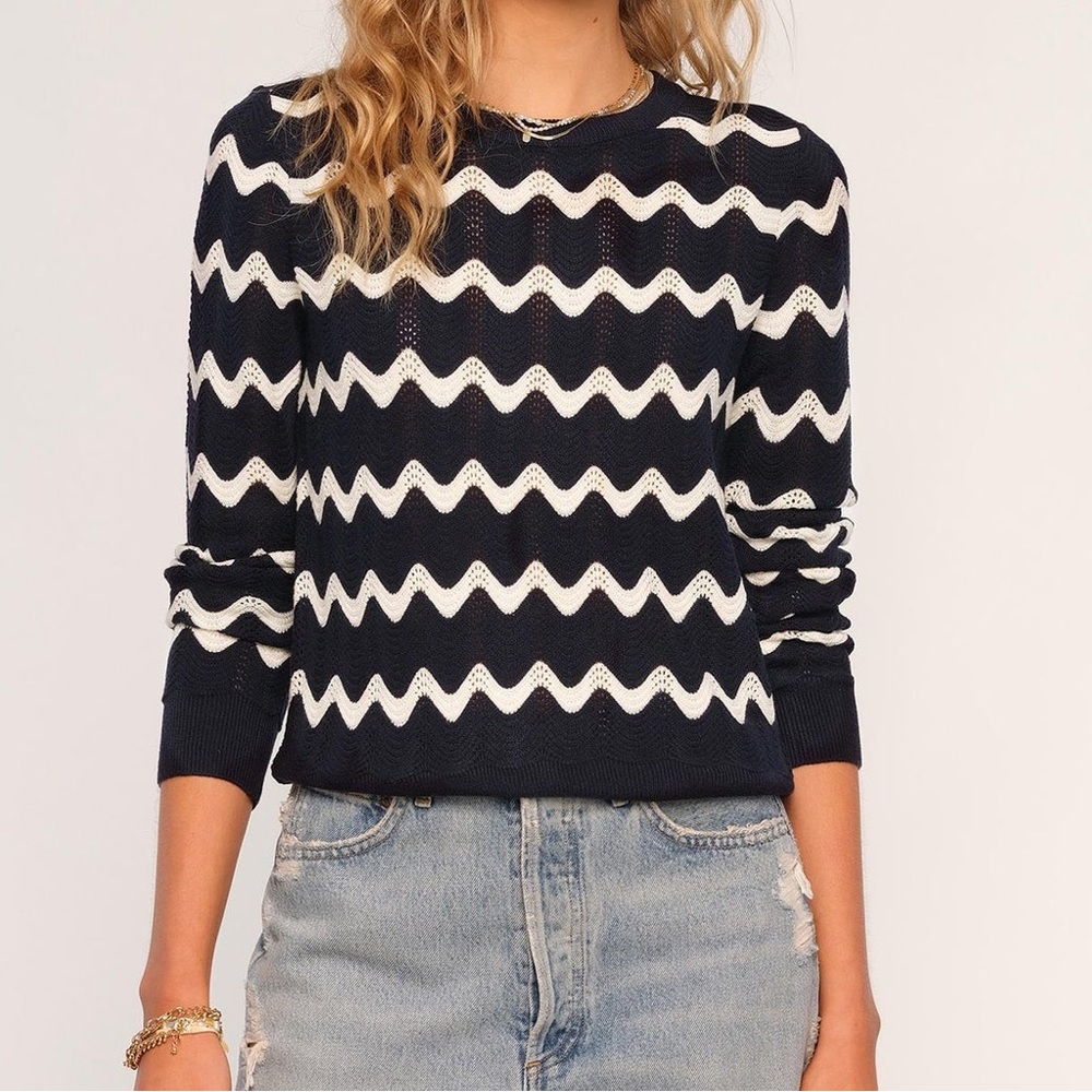 Heartloom Brodie Pullover Navy Lightweight Yarn Sweater white zigzag stripes XS